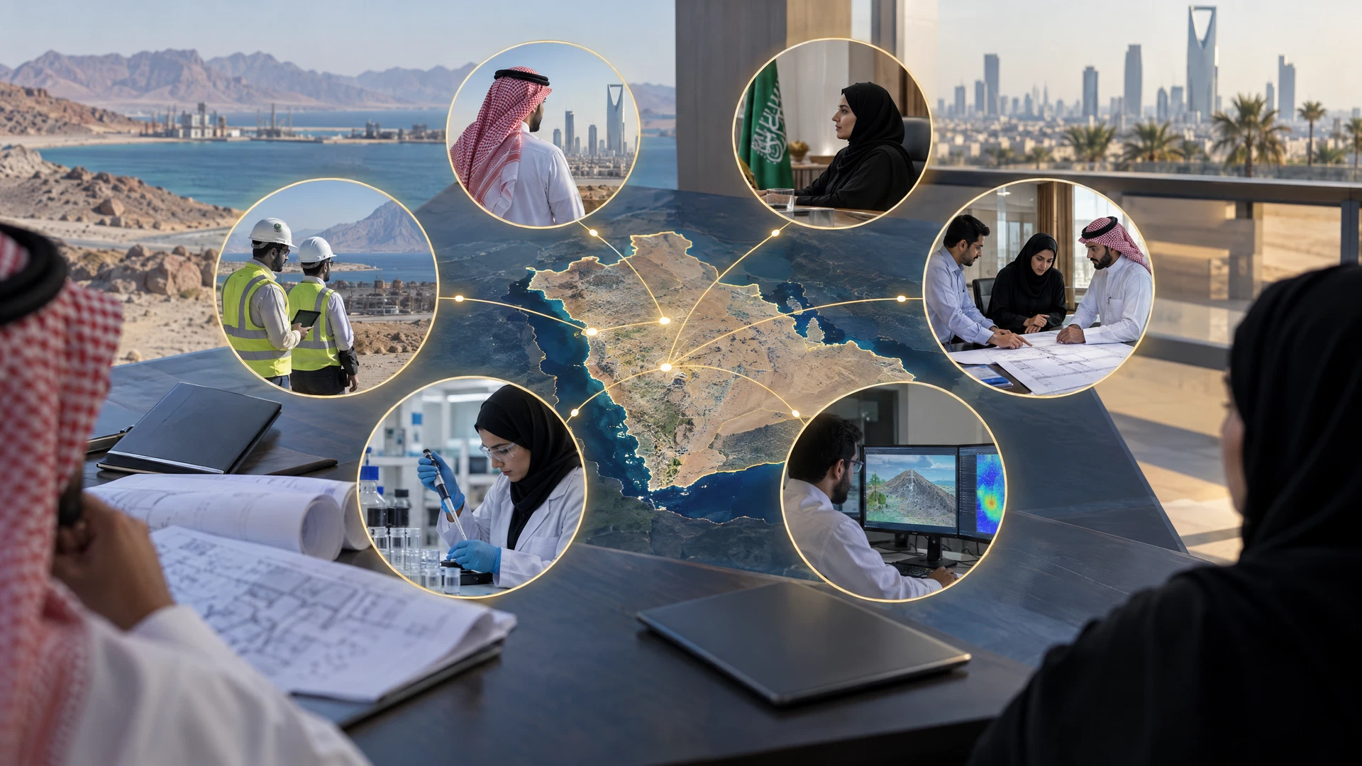 Saudi project permitting map linking the owner, authority, licensed consultant, field teams, laboratories and specialist modellers