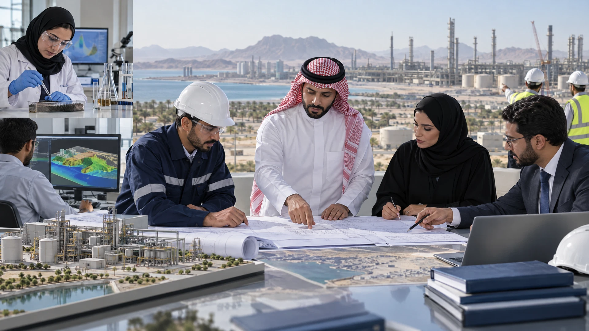 Royal Commission PAP coordination matrix linking project engineering, the owner, qualified consultant, laboratories, modellers and authority submissions in Saudi Arabia