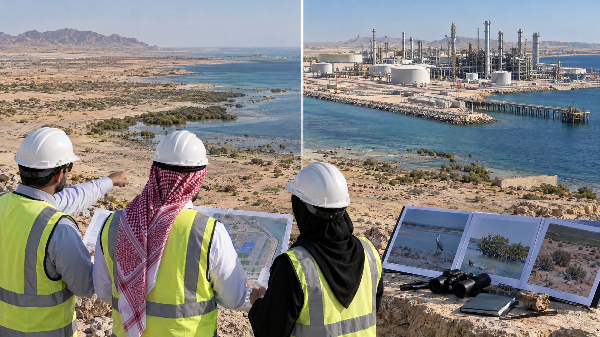 Before-and-after environmental change matrix for a Saudi industrial expansion, linking design changes to permits and studies