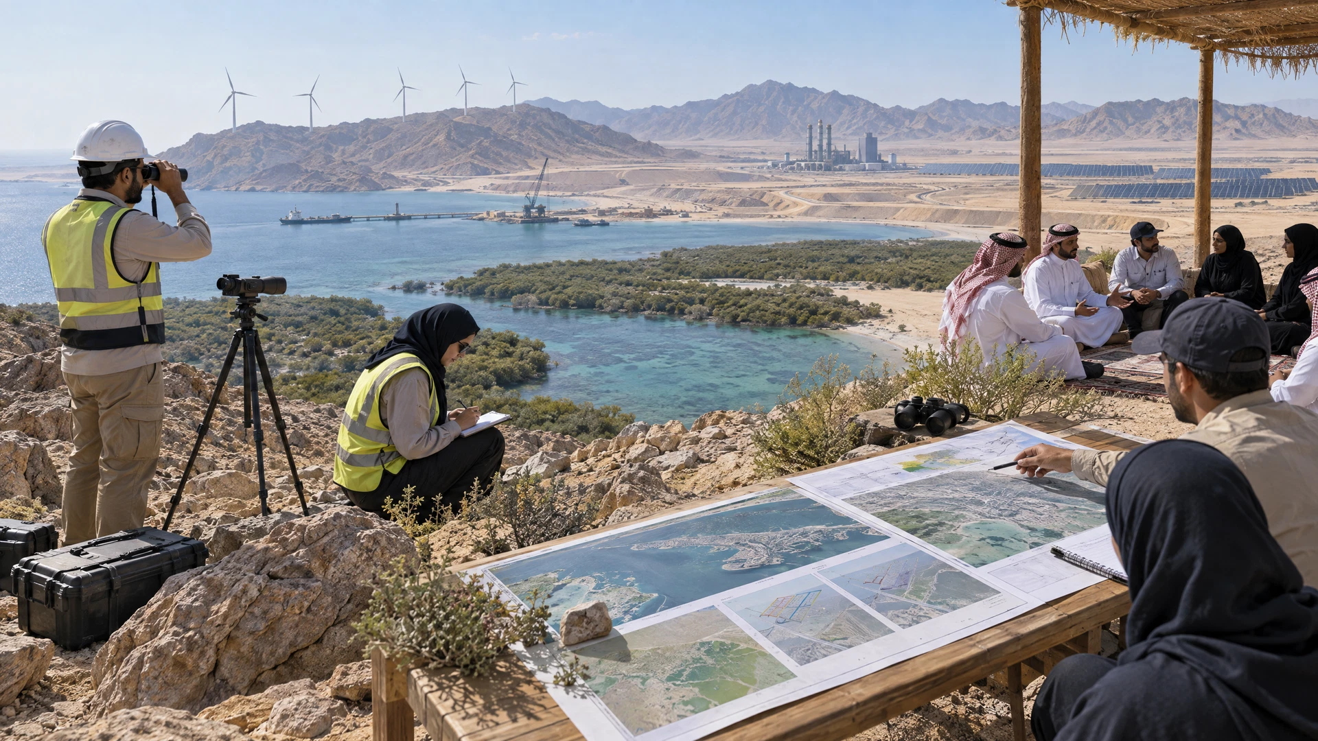 EIA and ESIA workflow from alternatives and baseline through impact prediction, mitigation, consultation and management commitments in Saudi Arabia