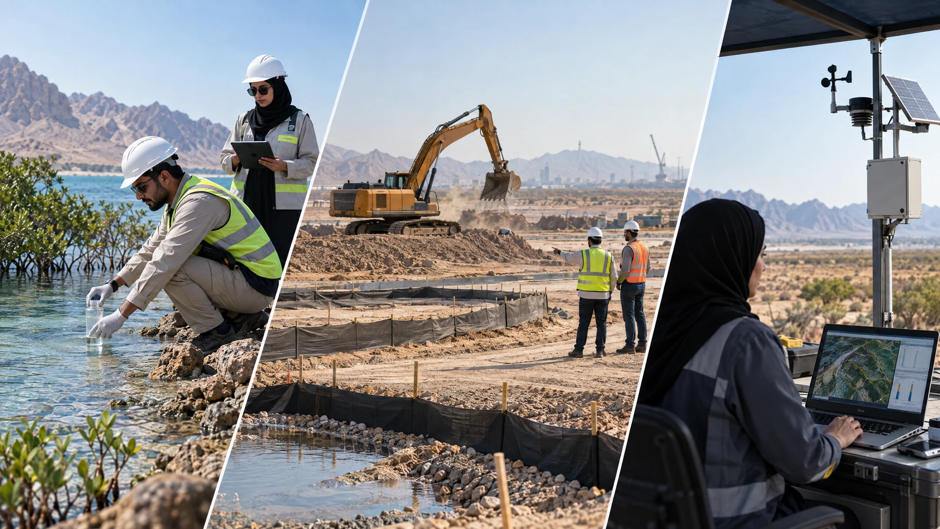 Project lifecycle diagram connecting assessment commitments to an EMP, contractor CEMP, operational OEMP, monitoring records and audit feedback in Saudi Arabia