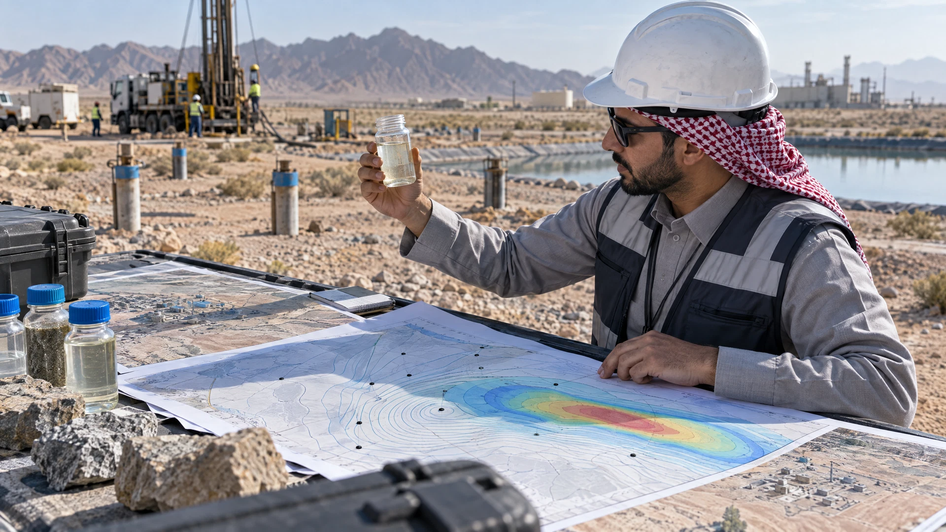 Hydrogeologist reviewing boreholes, groundwater contours and a modelled contaminant plume beneath a Saudi project site