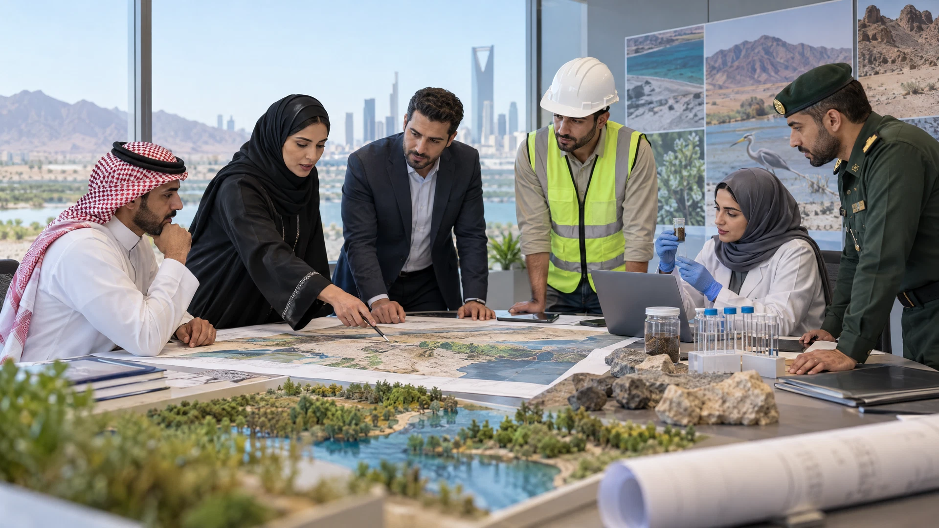 Clear role map linking the client, Saudi Environmental Studies, licensed consultant, field team, laboratory and relevant authority