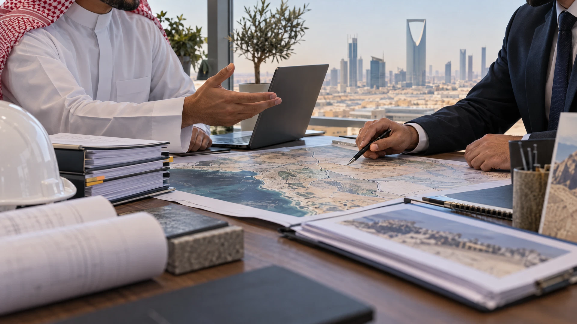 Simple contact visual with project brief, location map, document checklist and licensed-partner review step in Saudi Arabia