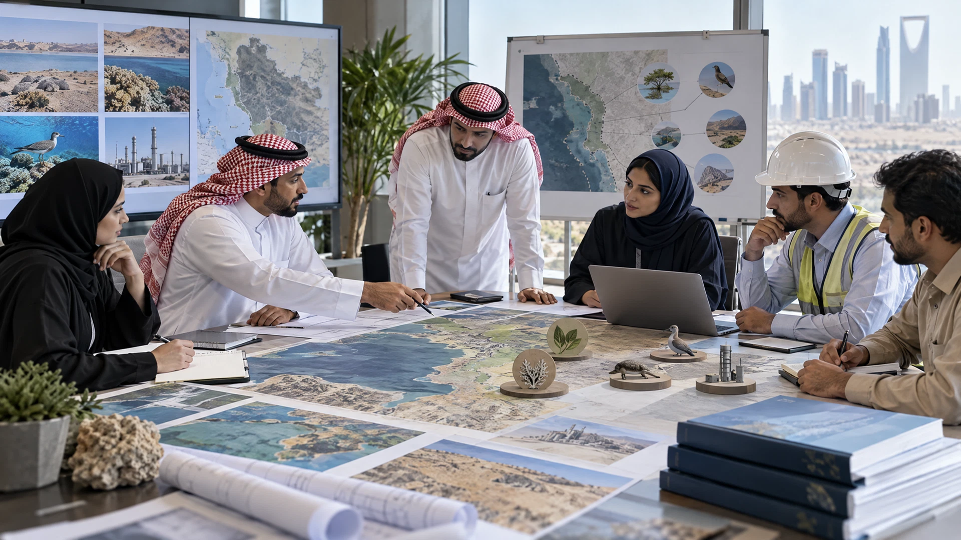 Environmental terms-of-reference diagram connecting project actions, study boundaries, receptors, methods, specialists and deliverables in Saudi Arabia