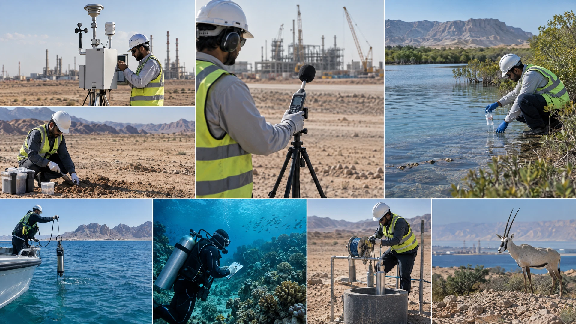 Multi-media Saudi baseline programme showing air, noise, surface water, groundwater, soil, coastal and ecology survey locations