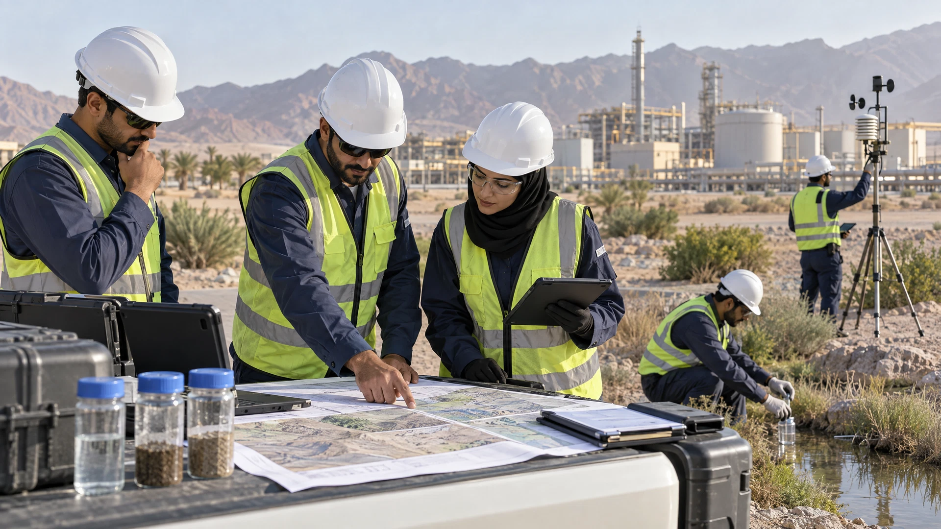 Environmental management plan structure linking requirements, controls, monitoring, responsibility, records and corrective action in Saudi Arabia