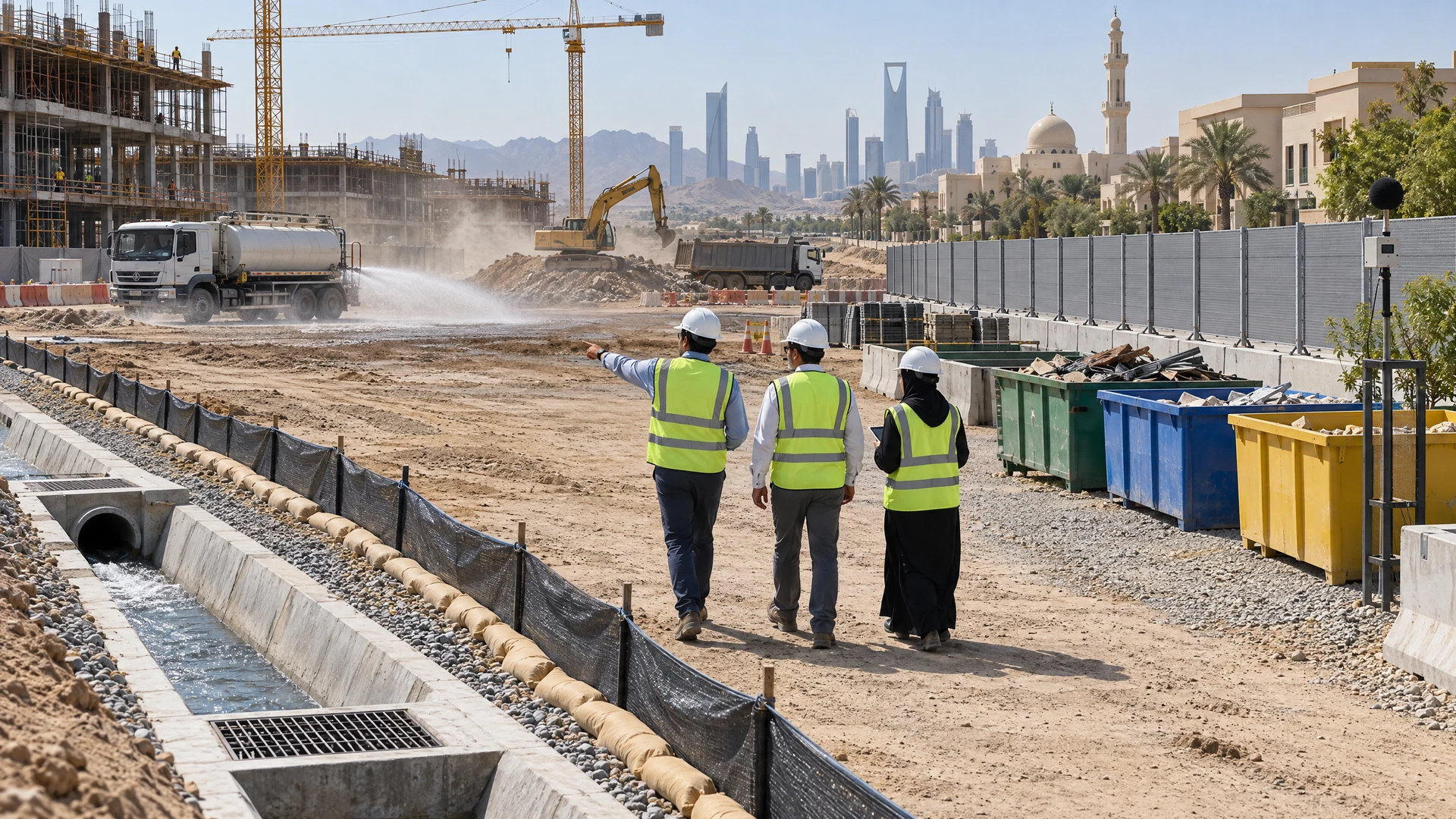 Saudi construction-site CEMP showing work zones, drainage, dust and noise controls, waste areas, sensitive receptors and inspection routes